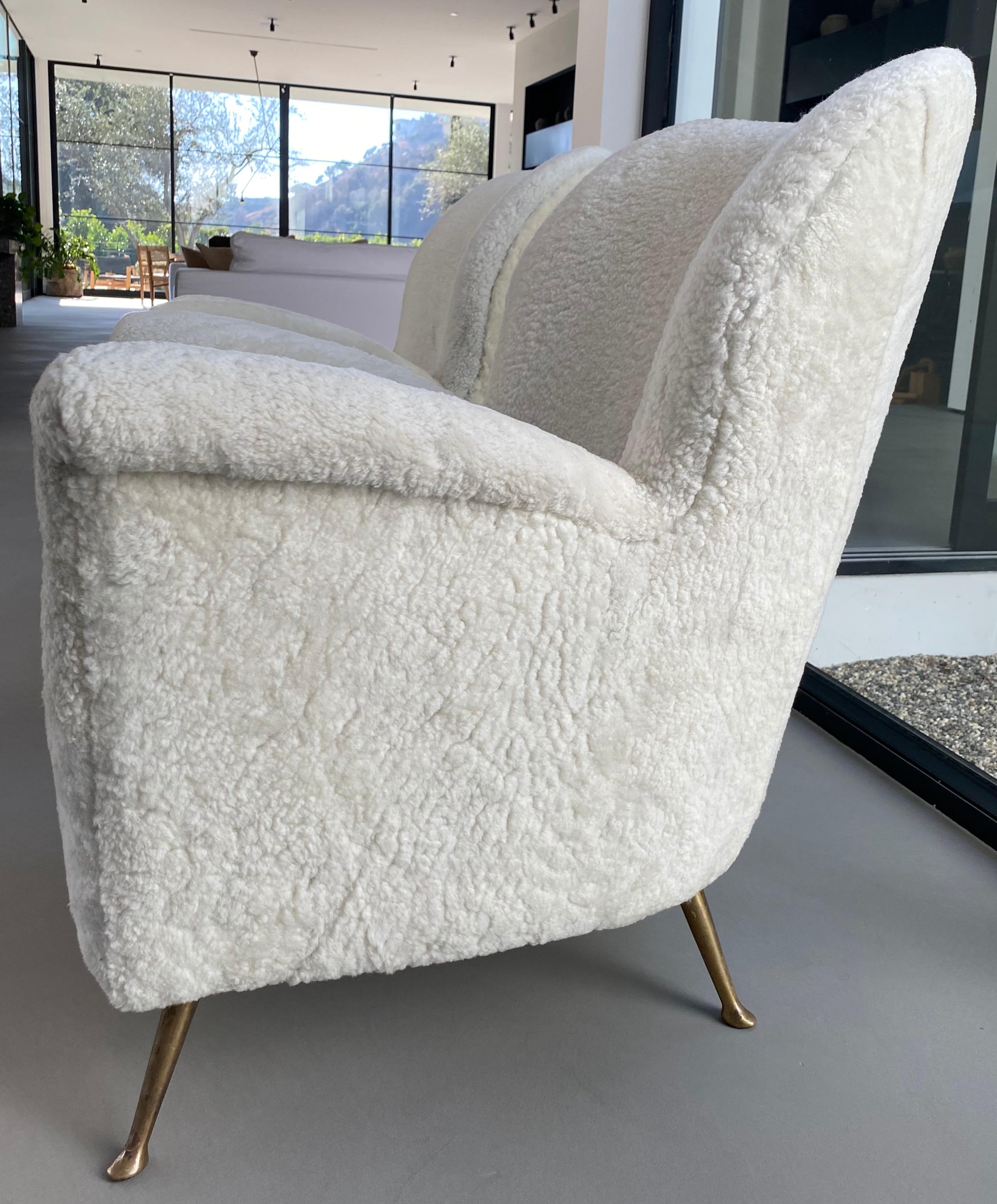 Italian Pair of Curved Midcentury Lounge Chairs in White Curly Shearling