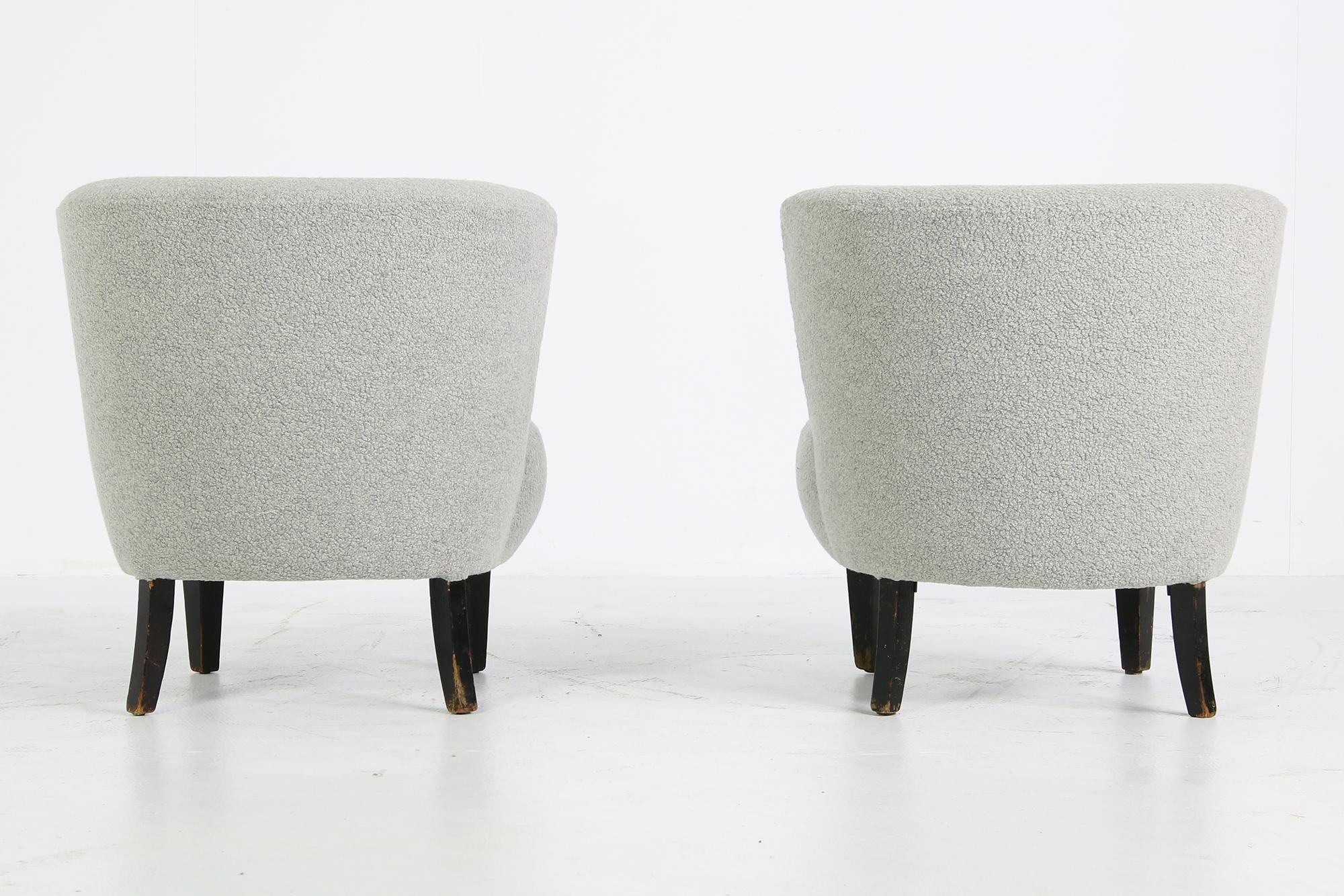 Swedish Pair of Curved Mid-Century Lounge Clam Chairs, Sweden 1950s, Boucle Fur, grey