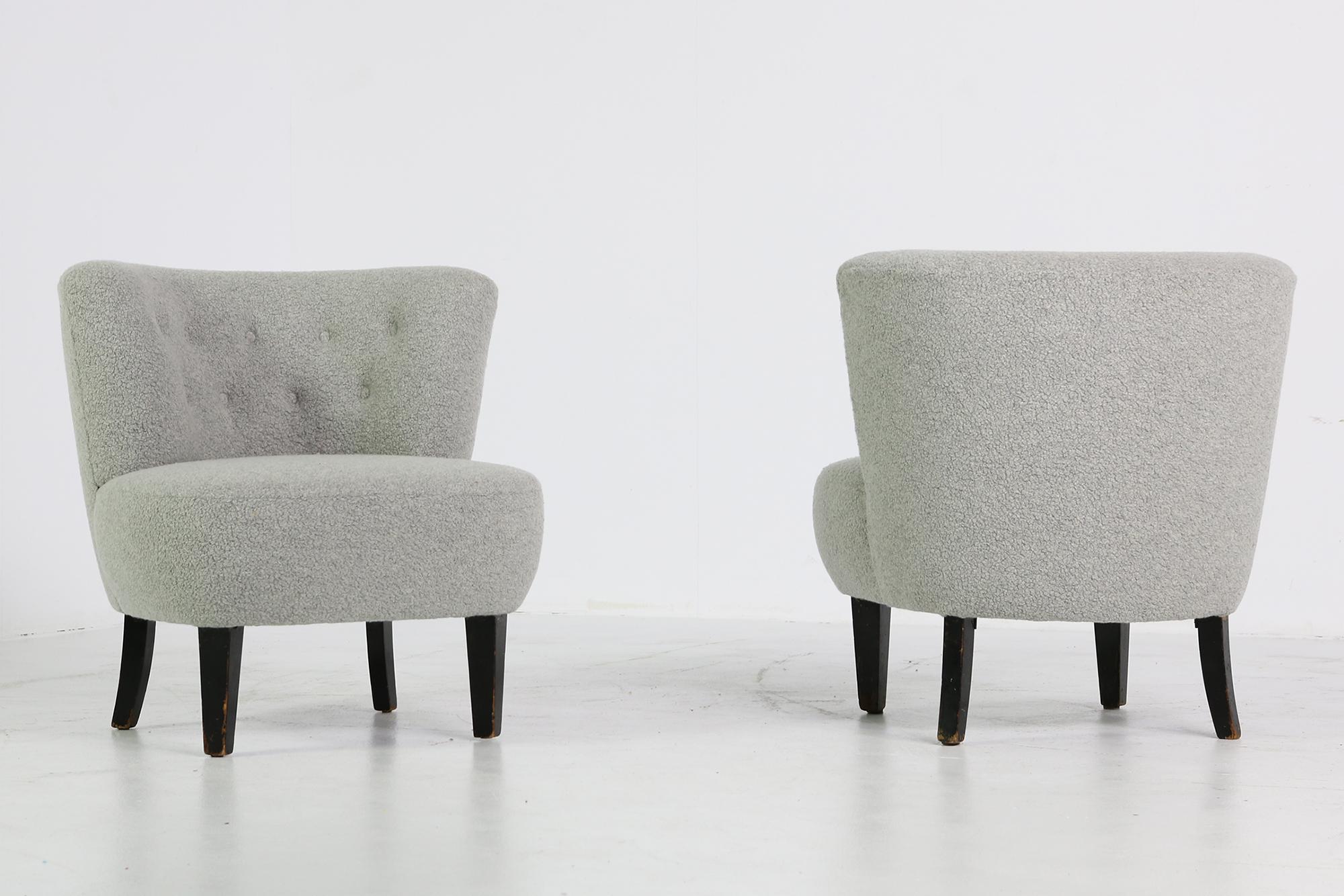 Faux Fur Pair of Curved Mid-Century Lounge Clam Chairs, Sweden 1950s, Boucle Fur, grey