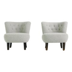 Pair of Curved Mid-Century Lounge Clam Chairs, Sweden 1950s, Boucle Fur, grey