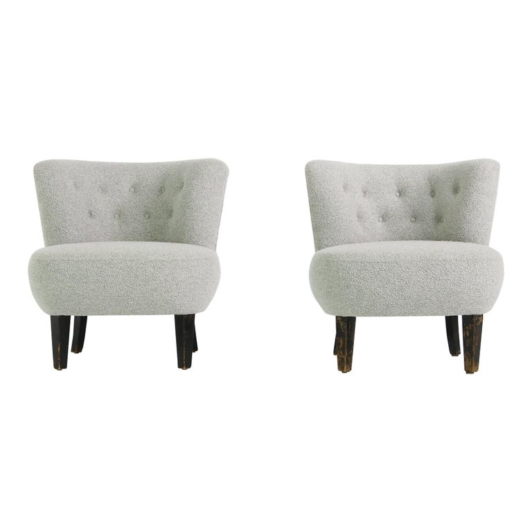 Pair of Curved Mid-Century Lounge Clam Chairs, Sweden 1950s, Boucle Fur