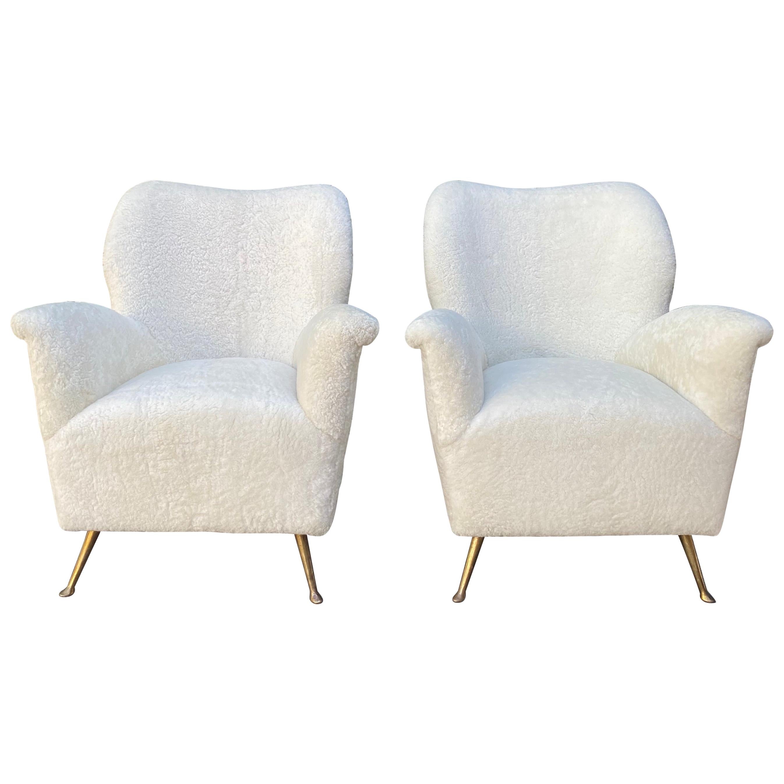 Pair of Curved Midcentury Lounge Chairs in White Curly Shearling