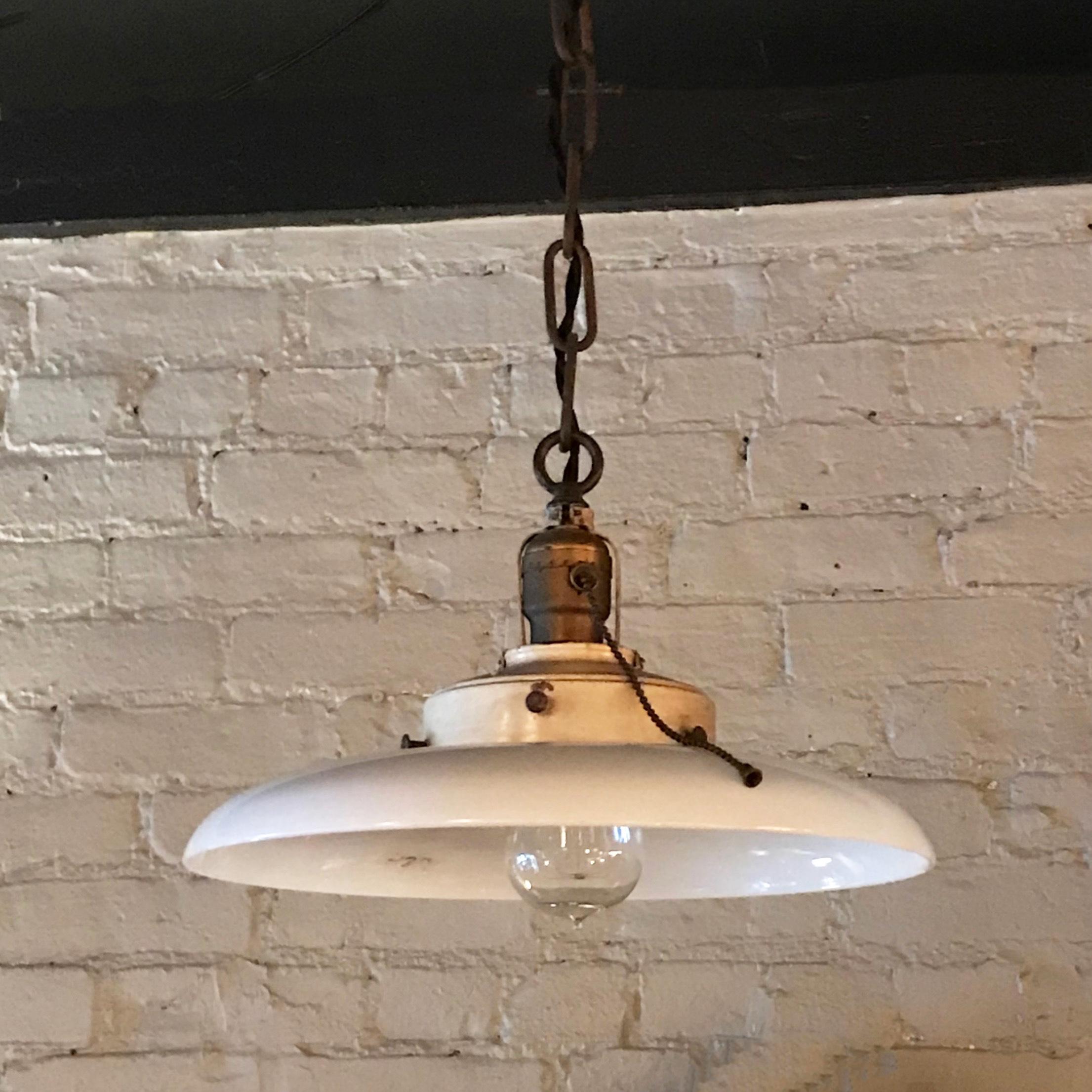 American Pair of Curved Milk Glass Industrial Factory Pendant Lights
