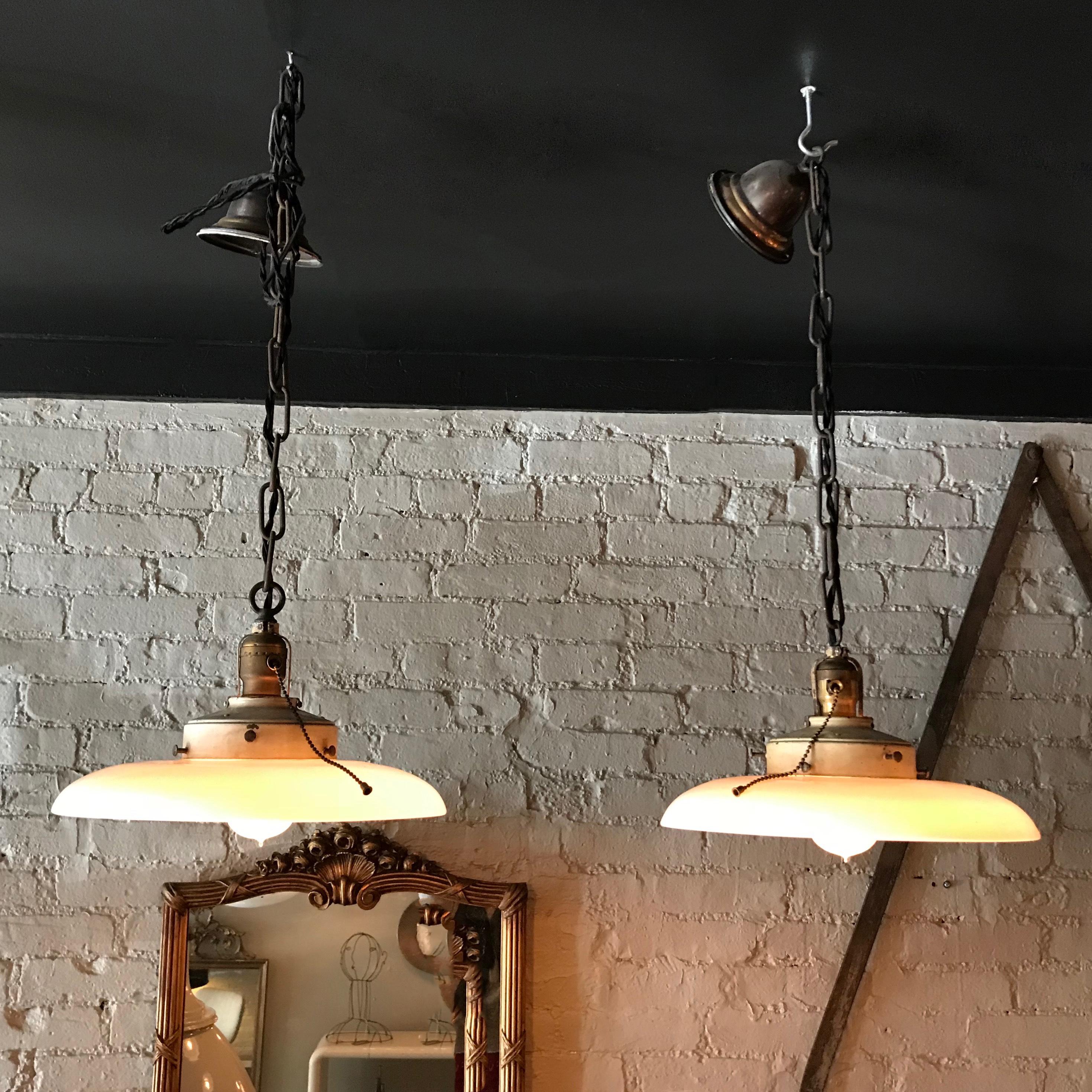 20th Century Pair of Curved Milk Glass Industrial Factory Pendant Lights