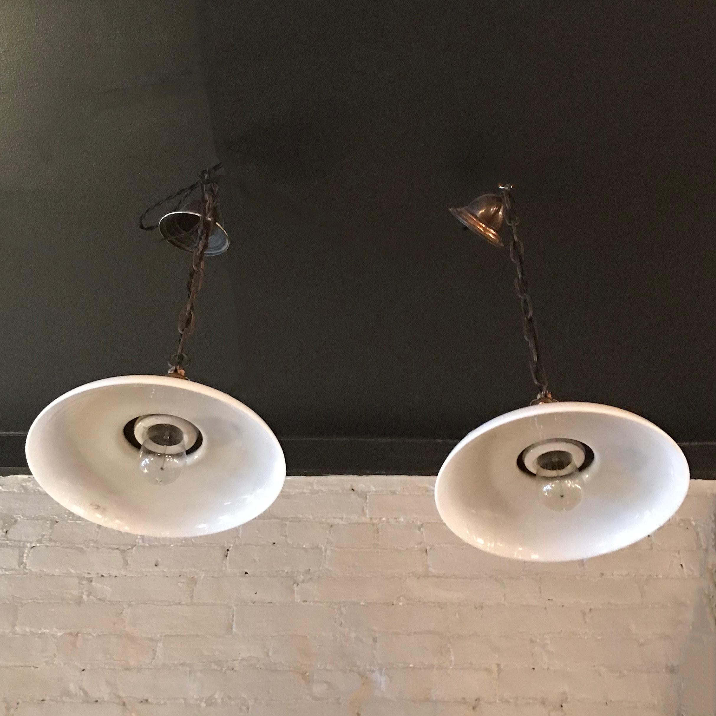 Steel Pair of Curved Milk Glass Industrial Factory Pendant Lights