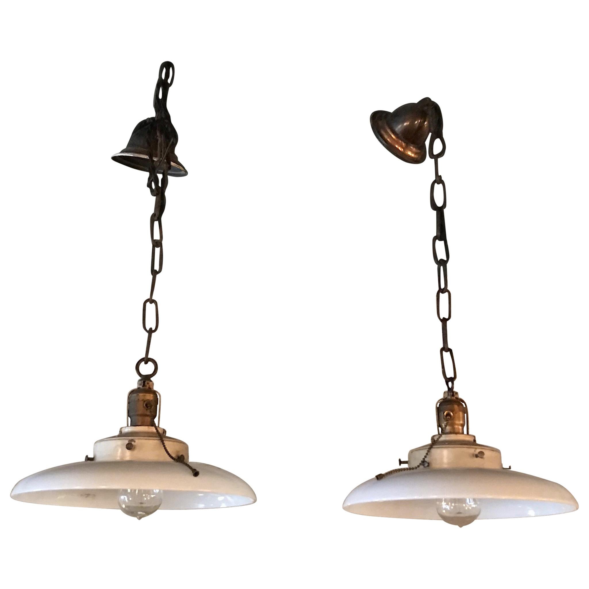 Pair of Curved Milk Glass Industrial Factory Pendant Lights