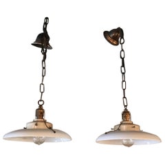 Pair of Curved Milk Glass Industrial Factory Pendant Lights
