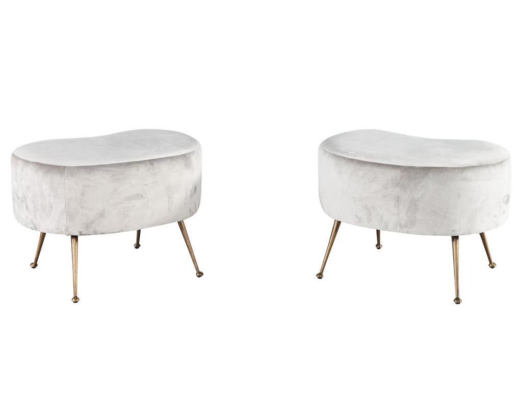 Italian Pair of Curved Ottoman Stools in Grey Velvet