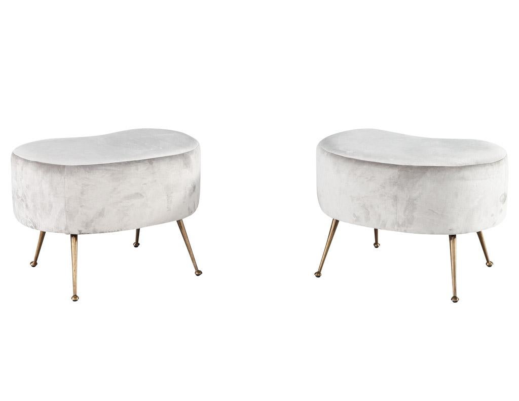 Italian Pair of Curved Ottoman Stools in Grey Velvet For Sale