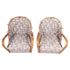 Pair of Curved Rattan Upholstered Arm Chairs