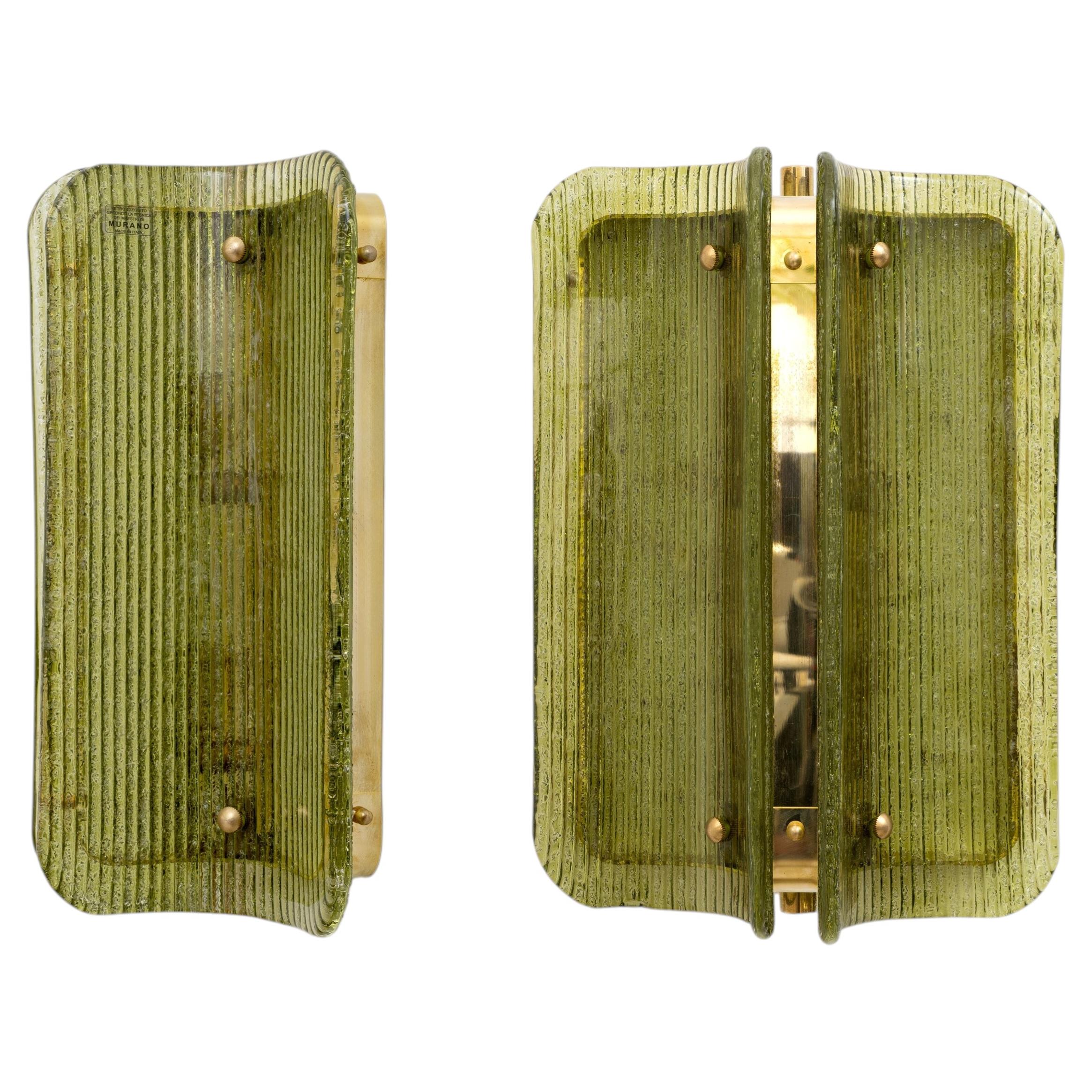 Pair of Curved, Ribbed Murano Glass and Brass Wall Sconces