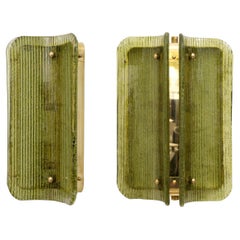 Pair of Curved, Ribbed Murano Glass and Brass Wall Sconces