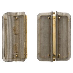 Pair of Curved, Smoked, Ribbed Murano Glass and Brass Wall Sconces