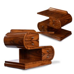 Pair of Curved Rosewood Art Deco Waterfall Nightstands End Tables