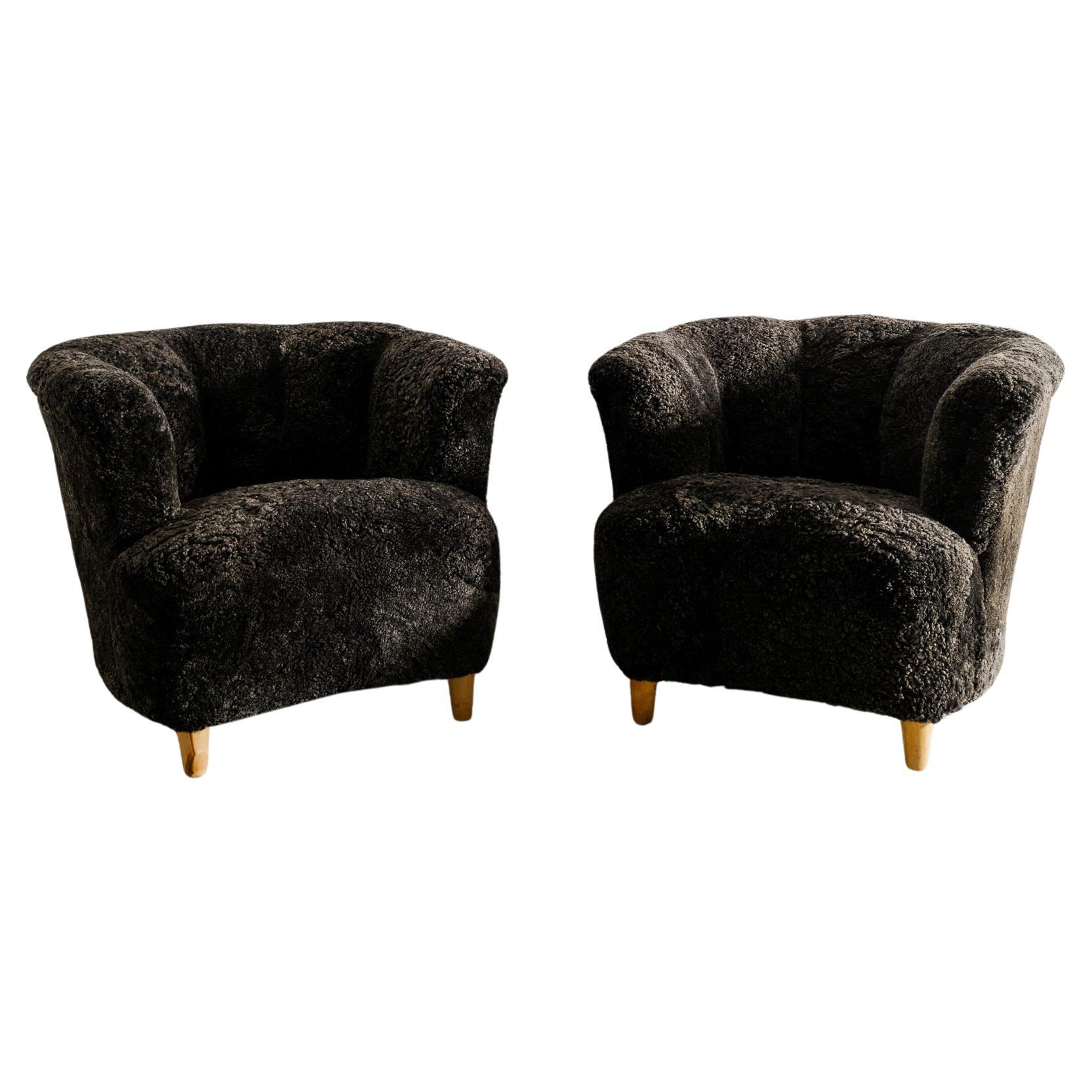 Pair of Curved Swedish Modern Arm Lounge Chairs in Grey Sheepskin Produced 1940s