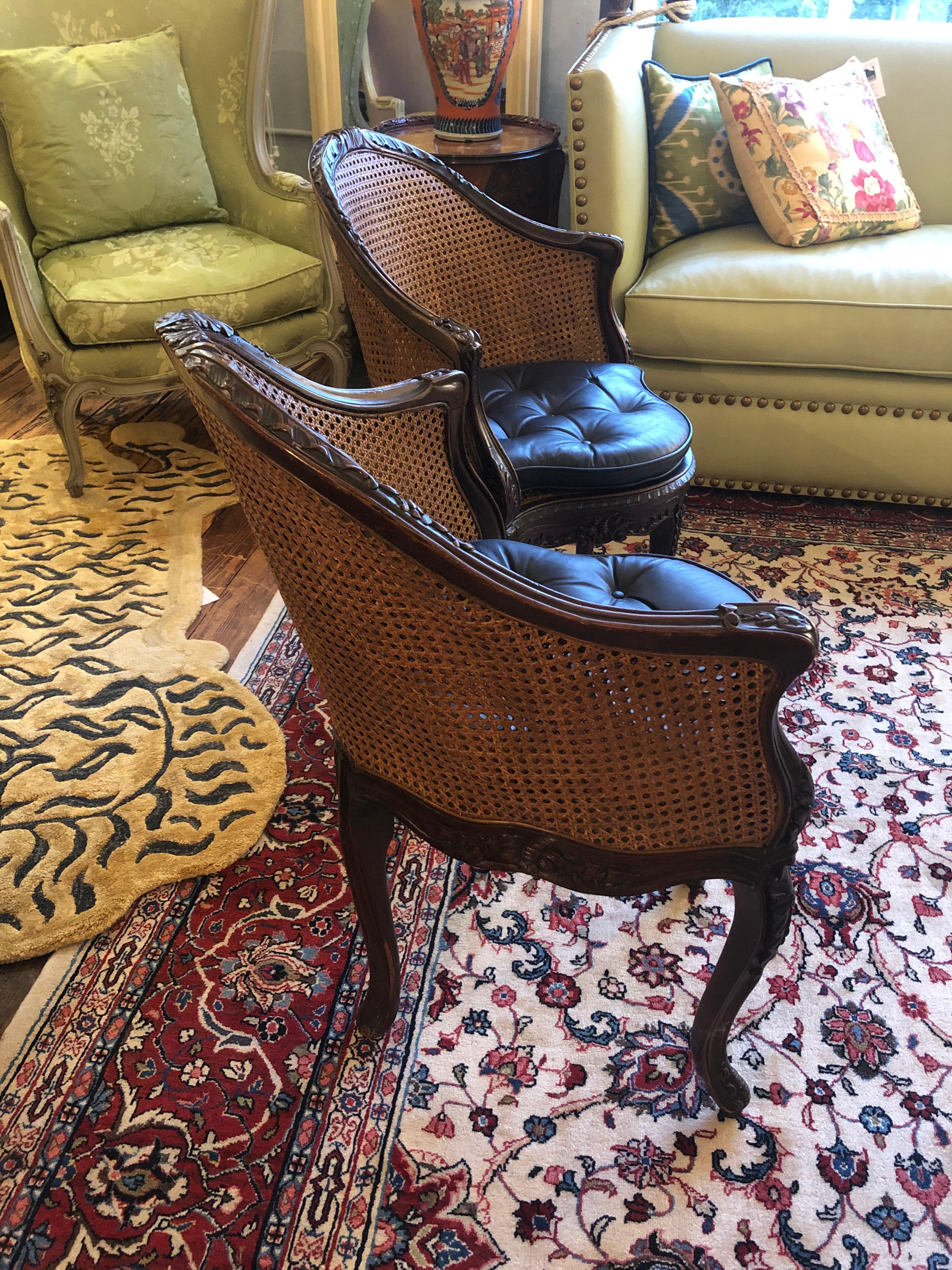 Pair of Curvy Carved Walnut and Double Caned French Louis XVI Style Chairs In Good Condition In Hopewell, NJ