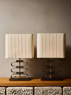 Pair of Curvy Smoked Glass and Brass Table Lamps