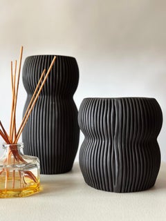 Pair of Curvy Textured Black Porcelain Vases by Cym Warkov