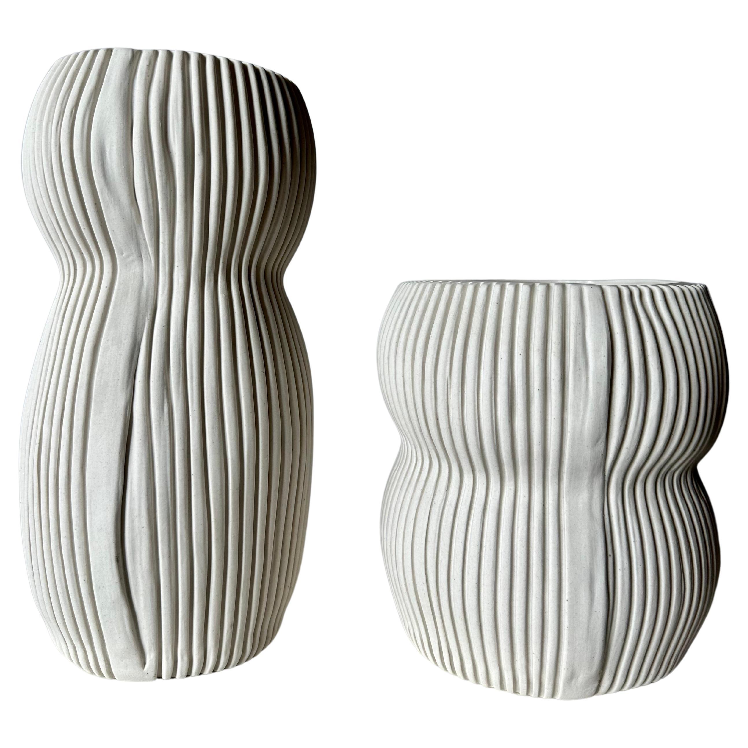 Pair of Curvy Textured White Porcelain Vases, by Cym Warkov For Sale