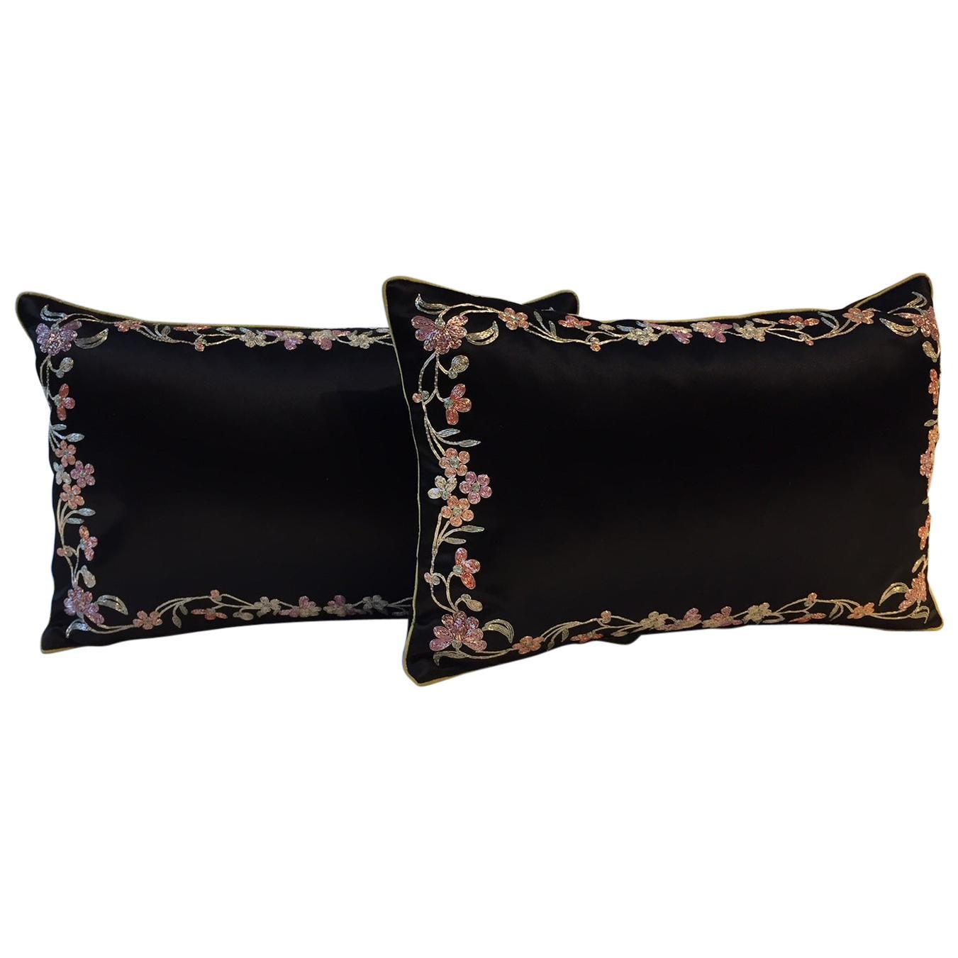 Pair of Cushion Silk Satin Black with Chinese Floral Hand Embroidery For Sale