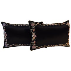 Pair of Cushion Silk Satin Black with Chinese Floral Hand Embroidery