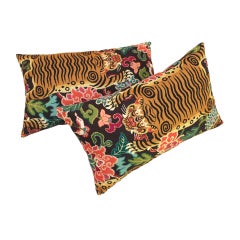 Pair of Cushions With Contemporary Jungle Print & Yellow Velvet and Cotton