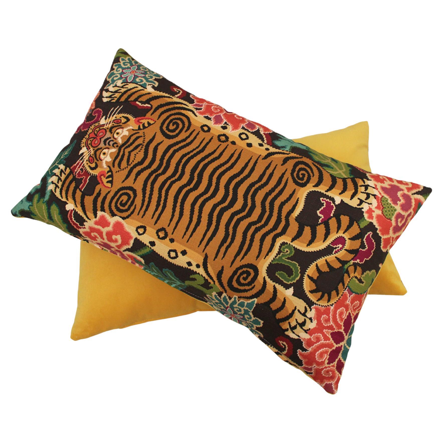 Pair of Cushions With Contemporary Jungle Print & Yellow Velvet and Cotton