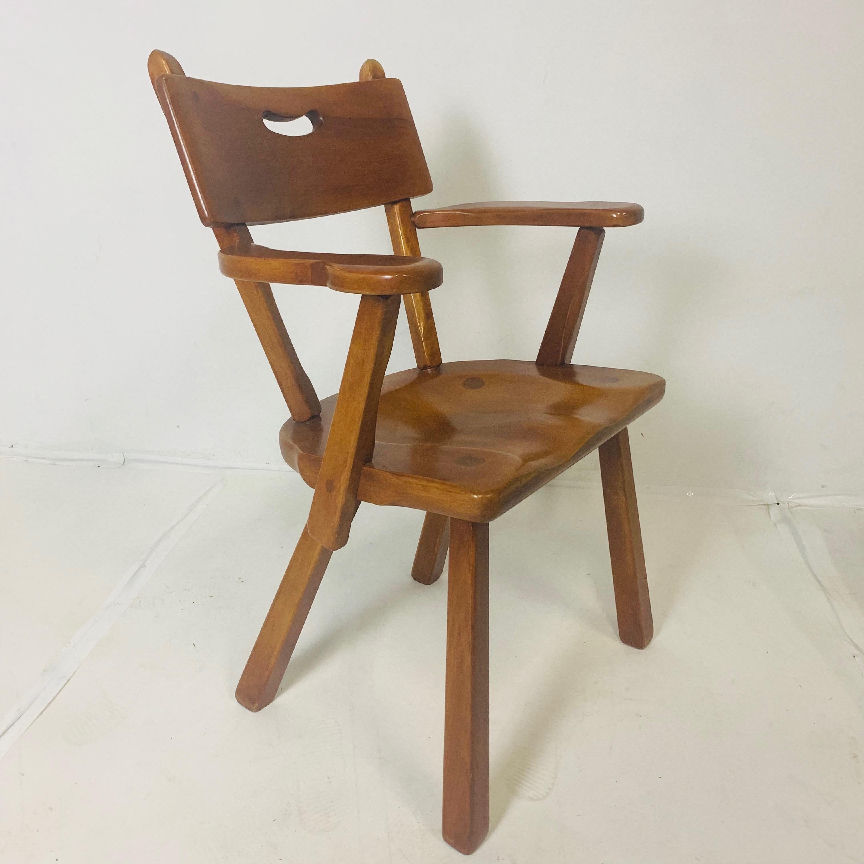 Modern craftsman style chairs produced by Cushman Vermont. Made of Vermont hard rock maple. Designed by Herman DeVries. Metal ID tags attached.
Measures: H 34 in. x W 22.75 in. x D 19 in.

Also 2 side chairs as shown in last photo.  
Special