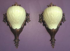 Pair of Custard Glass on Bronze 1920s-1930s Deco Rococo