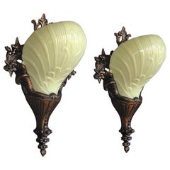 Antique Pair of Custard Glass on Bronze 1920s-1930s Deco Rococo