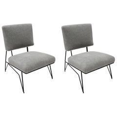 Pair of Custom 1960s Style Black Metal Chairs in Gray Alpaca by Adesso Imports