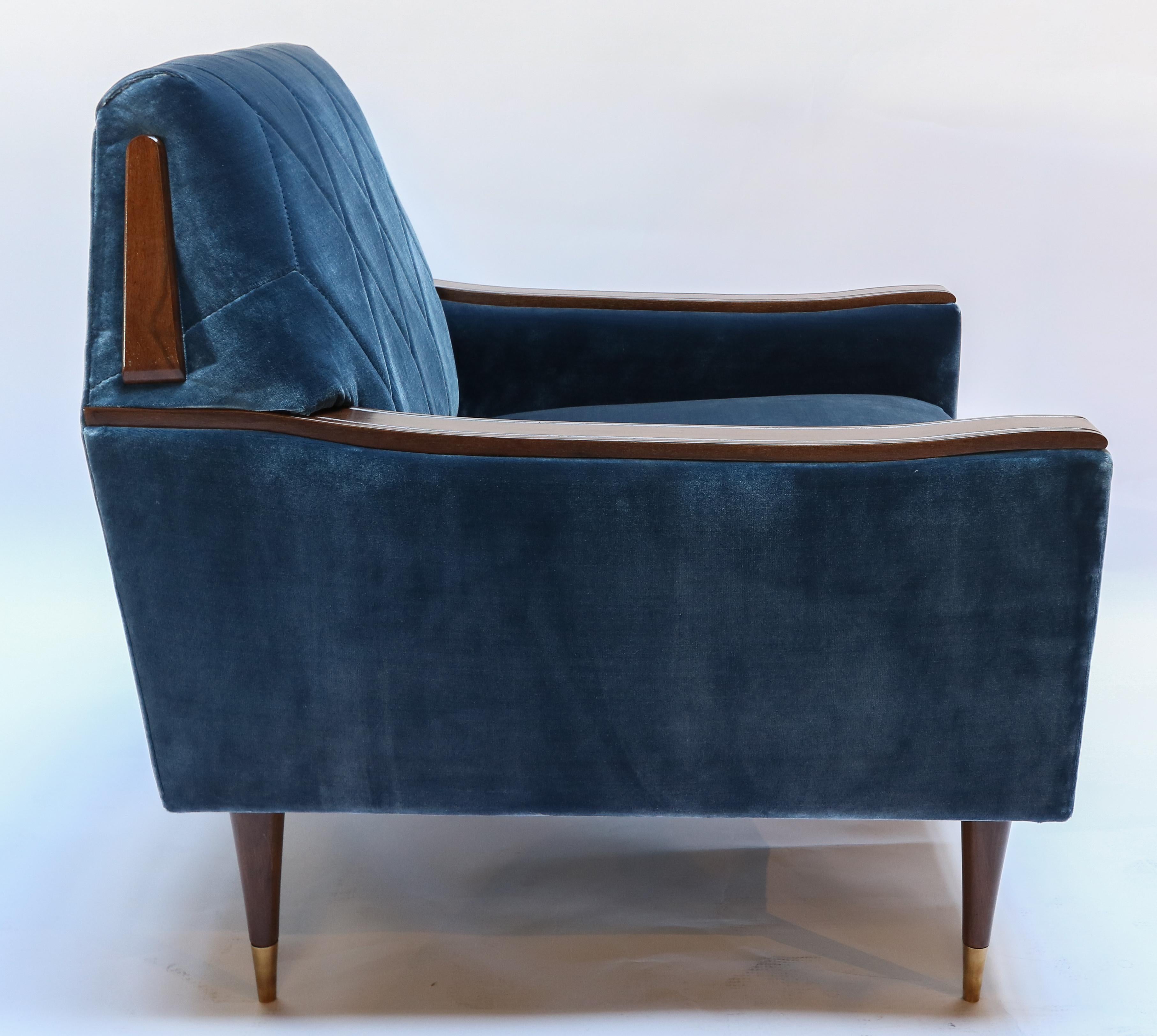 American Pair of Custom 1960s Style Wood and Silk Velvet Armchairs by Adesso Imports For Sale