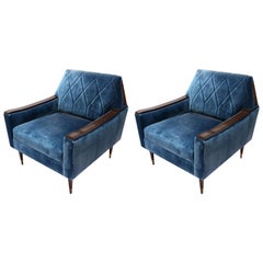 Pair of Custom 1960s Style Wood and Silk Velvet Armchairs by Adesso Imports