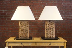 Pair of Custom 1970s Steel, Pine and Stone Table Lamps