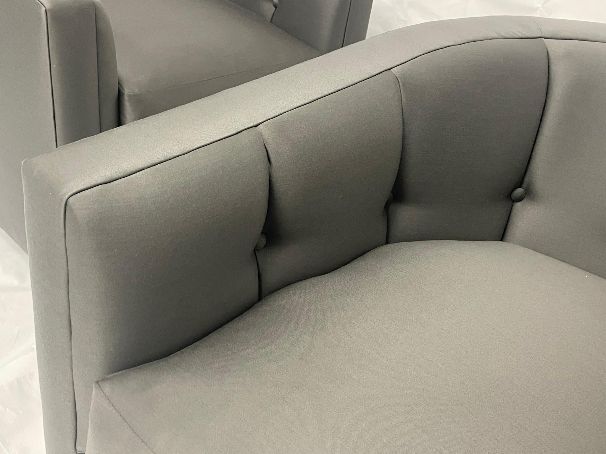 Pair of Custom American Lounge Chairs in Charcoal Gray Fabric For Sale 9
