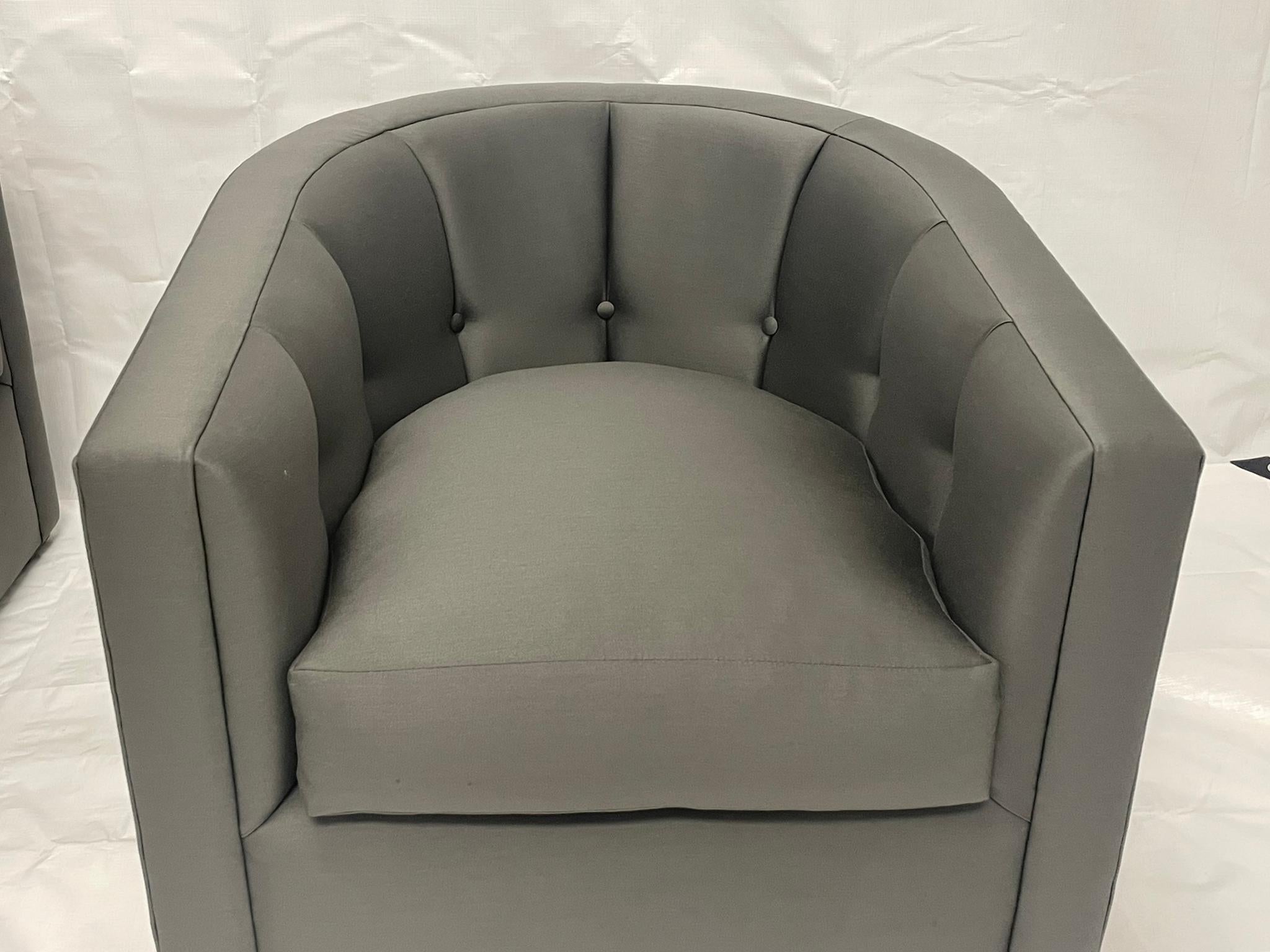 Pair of Custom American Lounge Chairs in Charcoal Gray Fabric For Sale 10