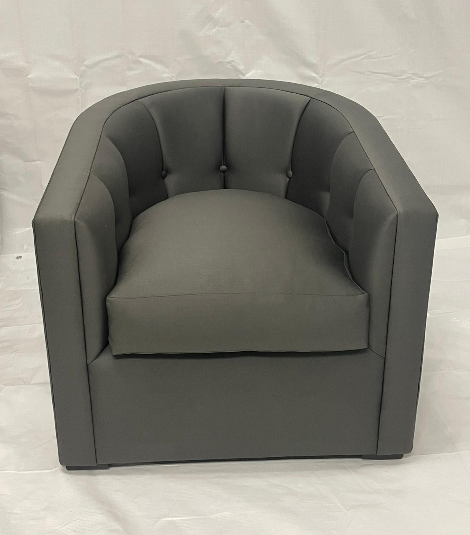 Pair of Custom American Lounge Chairs in Charcoal Gray Fabric For Sale 11