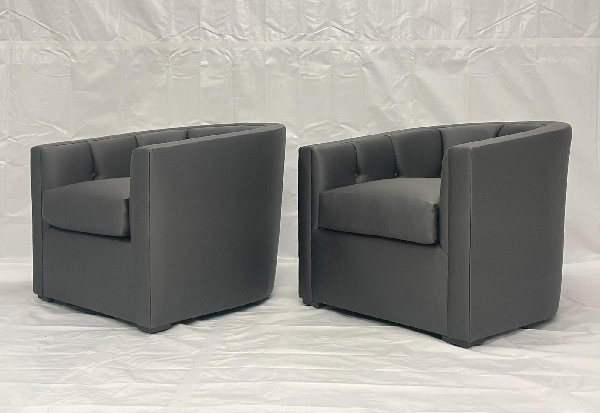 Pair of Custom American Lounge Chairs in Charcoal Gray Fabric For Sale 4