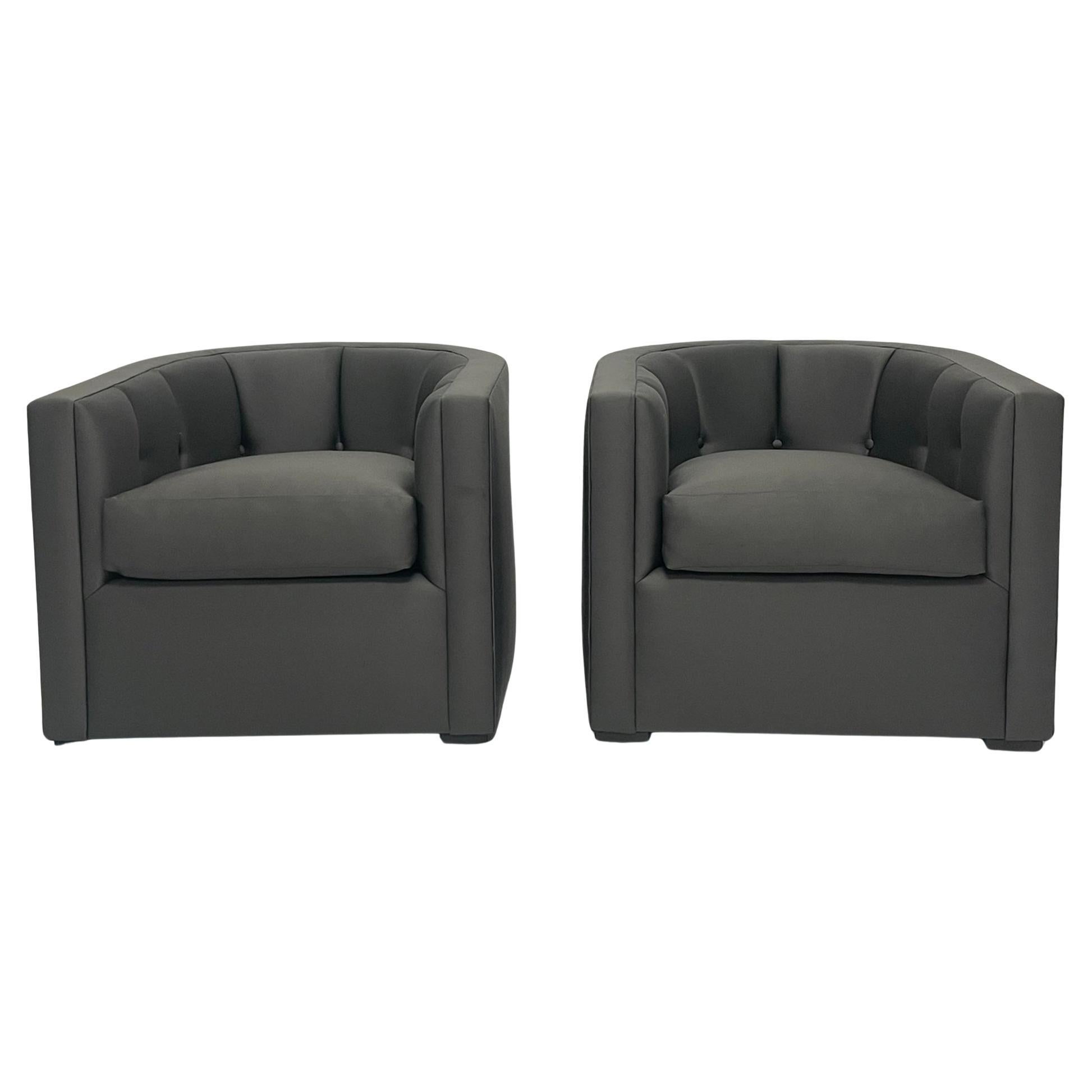 Pair of Custom American Lounge Chairs in Charcoal Gray Fabric