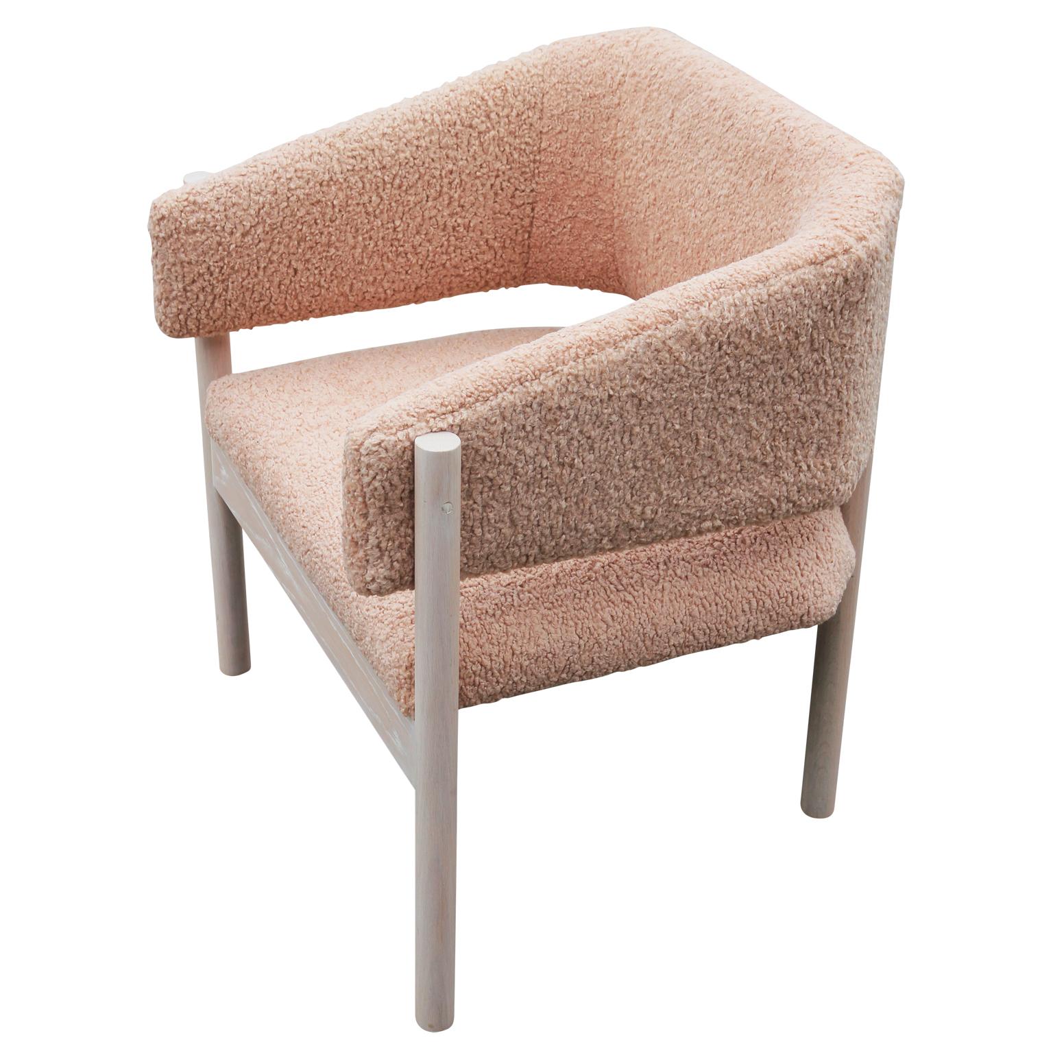 Pair of Custom Angular Post-Modern Pink Shearling & Bleached Oak Lounge Chairs In New Condition In Houston, TX