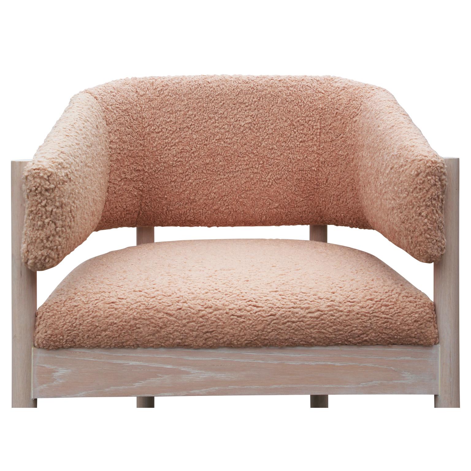 Fabric Pair of Custom Angular Post-Modern Pink Shearling & Bleached Oak Lounge Chairs