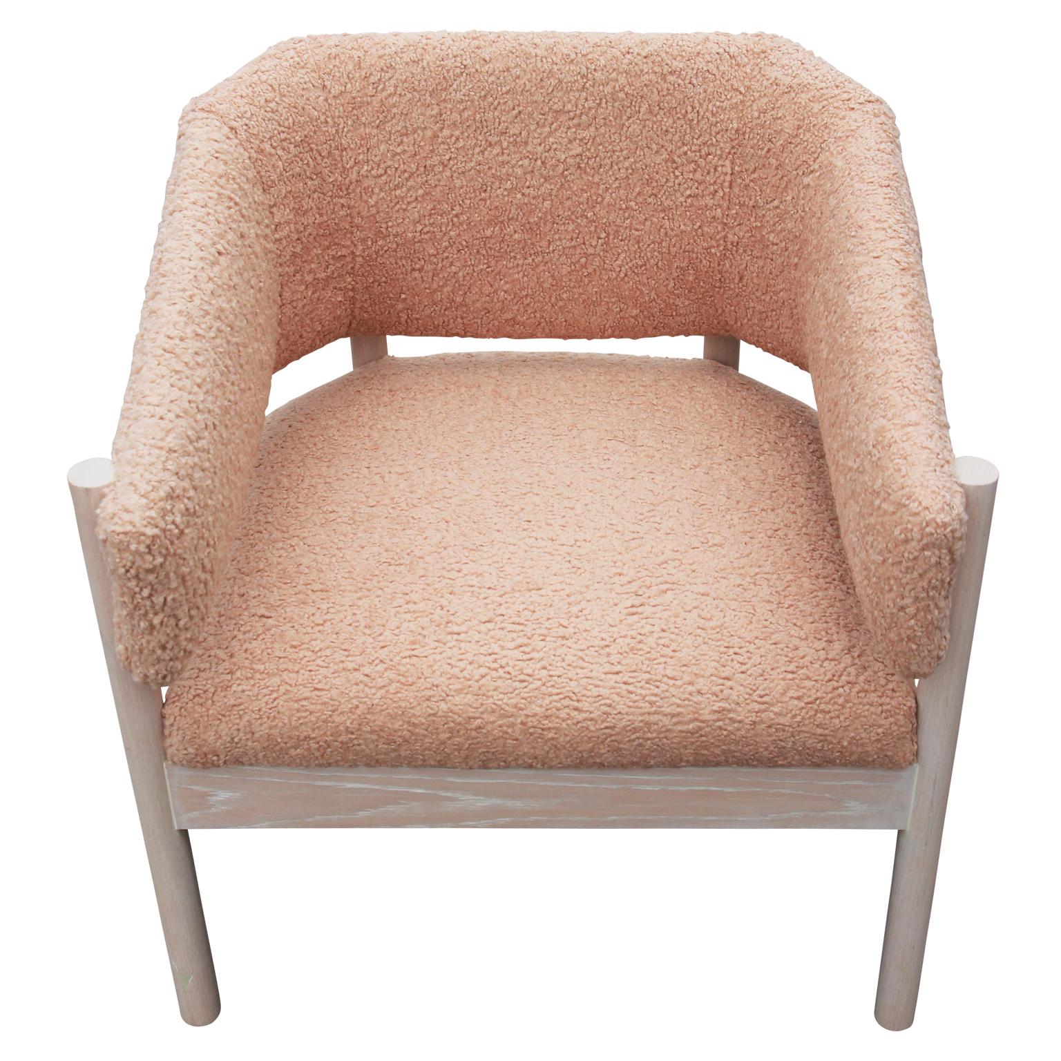 Pair of Custom Angular Post-Modern Pink Shearling & Bleached Oak Lounge Chairs 1