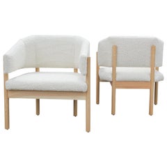 Pair of Custom Angular Post-Modern Shearling & Bleached White Oak Lounge Chairs