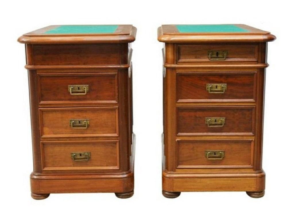 A pair of European mahogany secretary cabinets, fashioned from a double pedestal desk, born in Continental Europe in the early 20th century, each antique office cabinet having a rectangular top with inset felt surface, over solid wood chest of