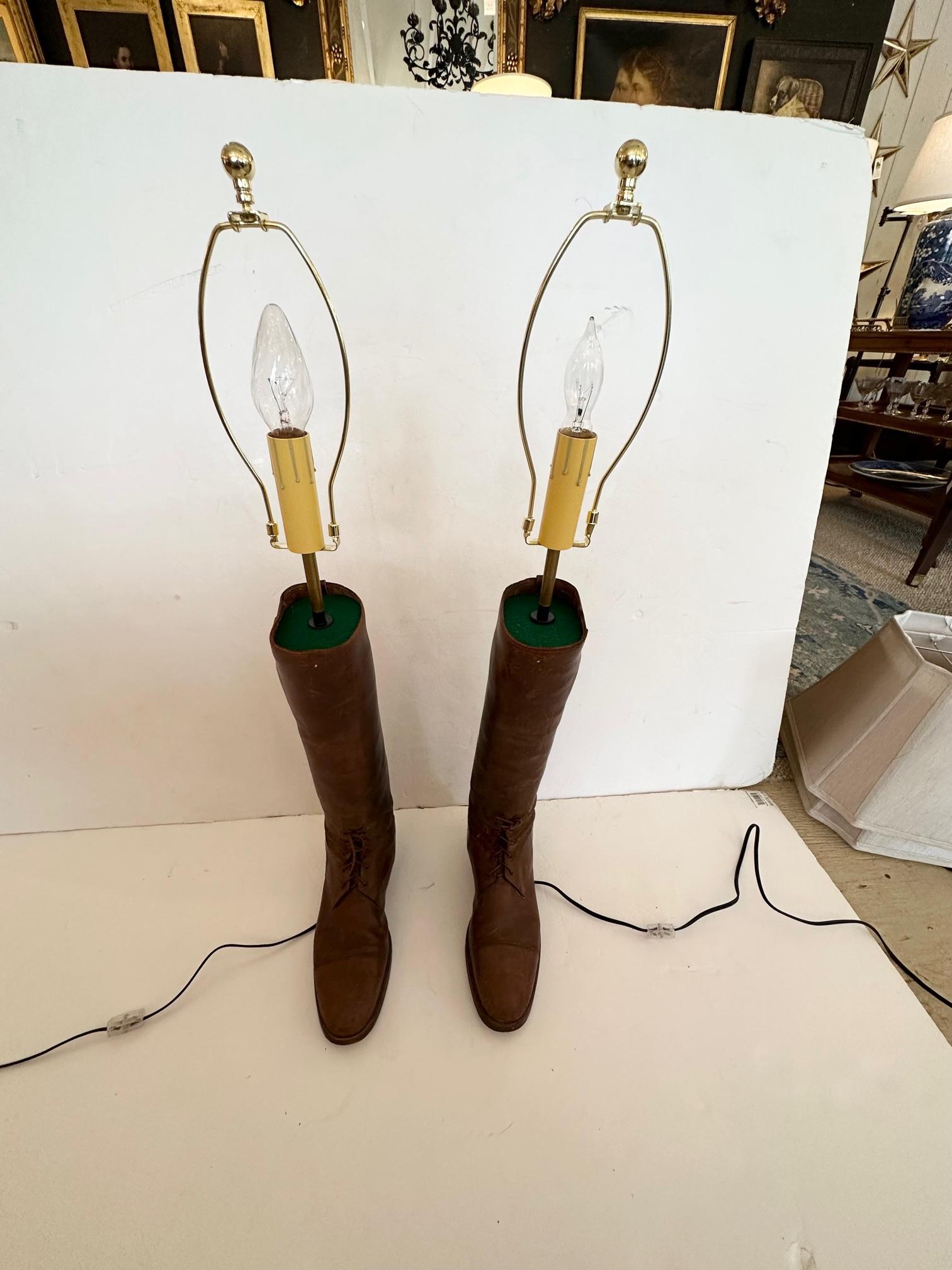Pair of Custom Antique Equestrian Riding Boot Lamps In Good Condition For Sale In Hopewell, NJ