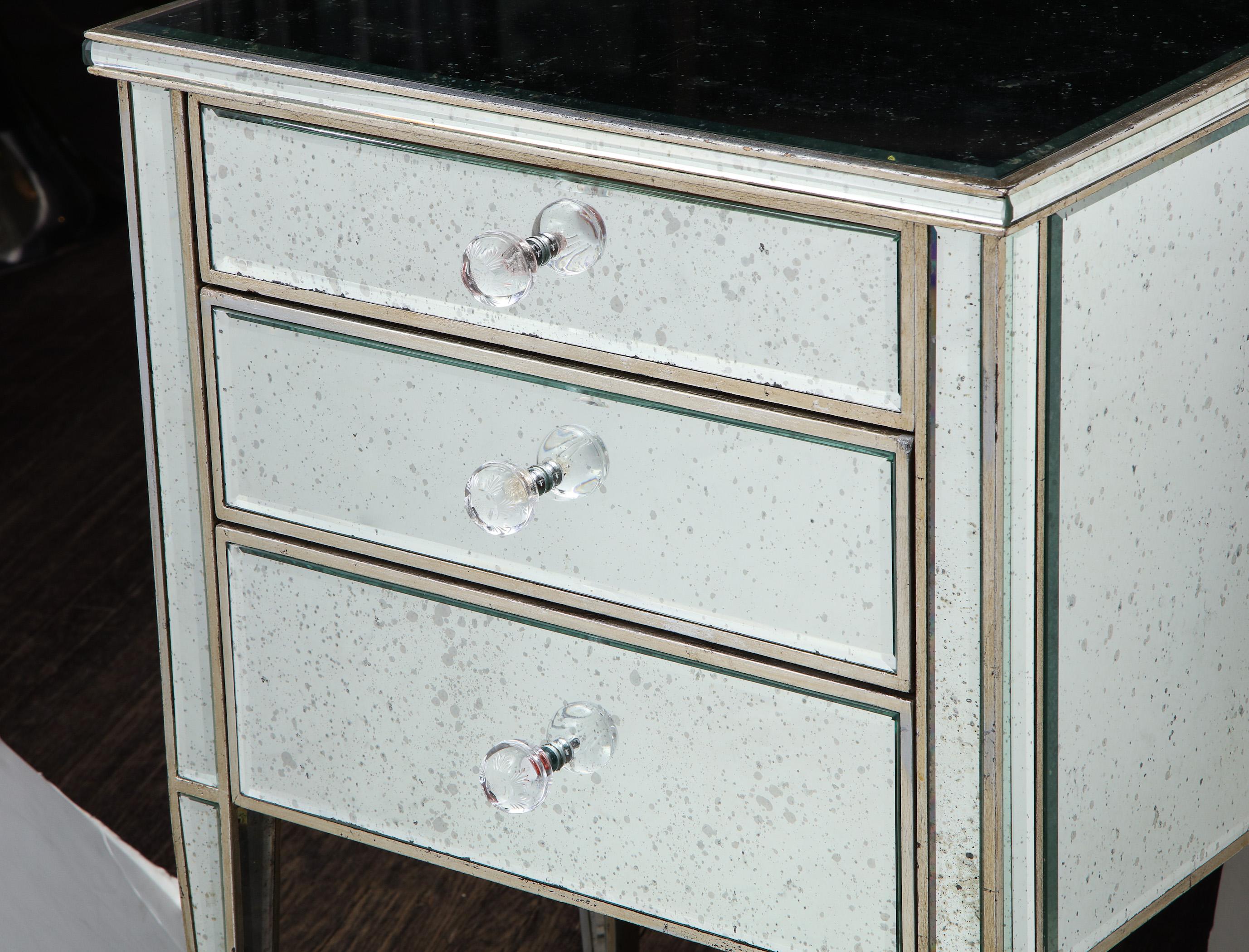 Modern Pair of Antique Mirrored Nightstands with Silver Gilt Trim For Sale