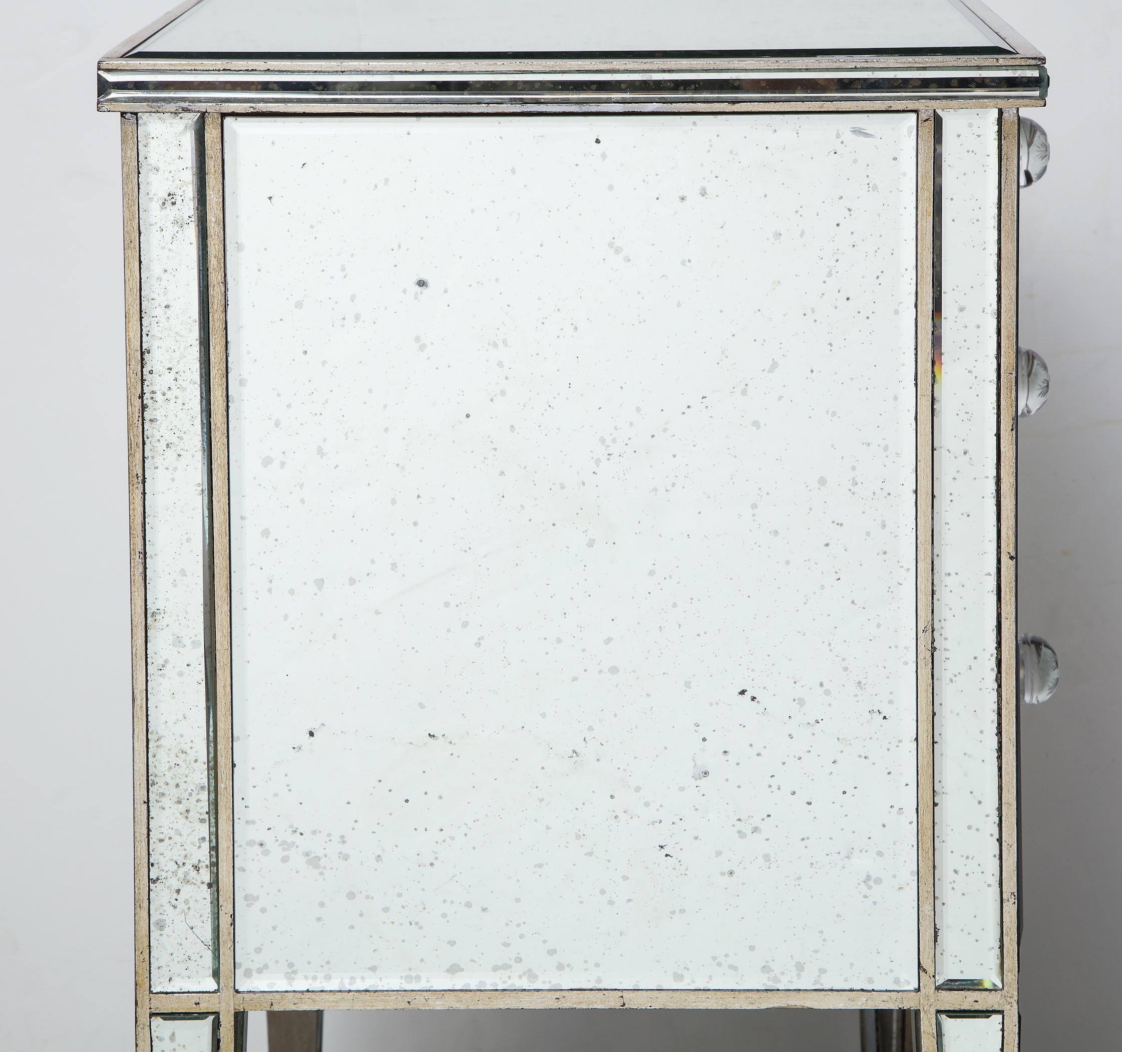 Contemporary Pair of Antique Mirrored Nightstands with Silver Gilt Trim For Sale