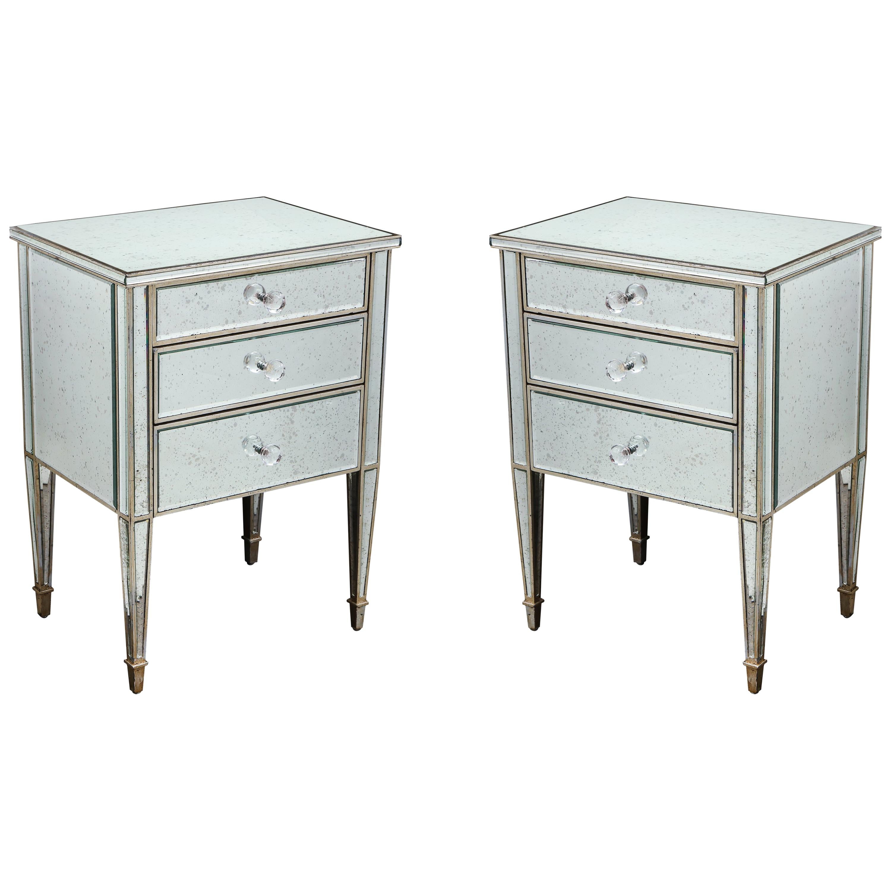 Pair of Antique Mirrored Nightstands with Silver Gilt Trim For Sale