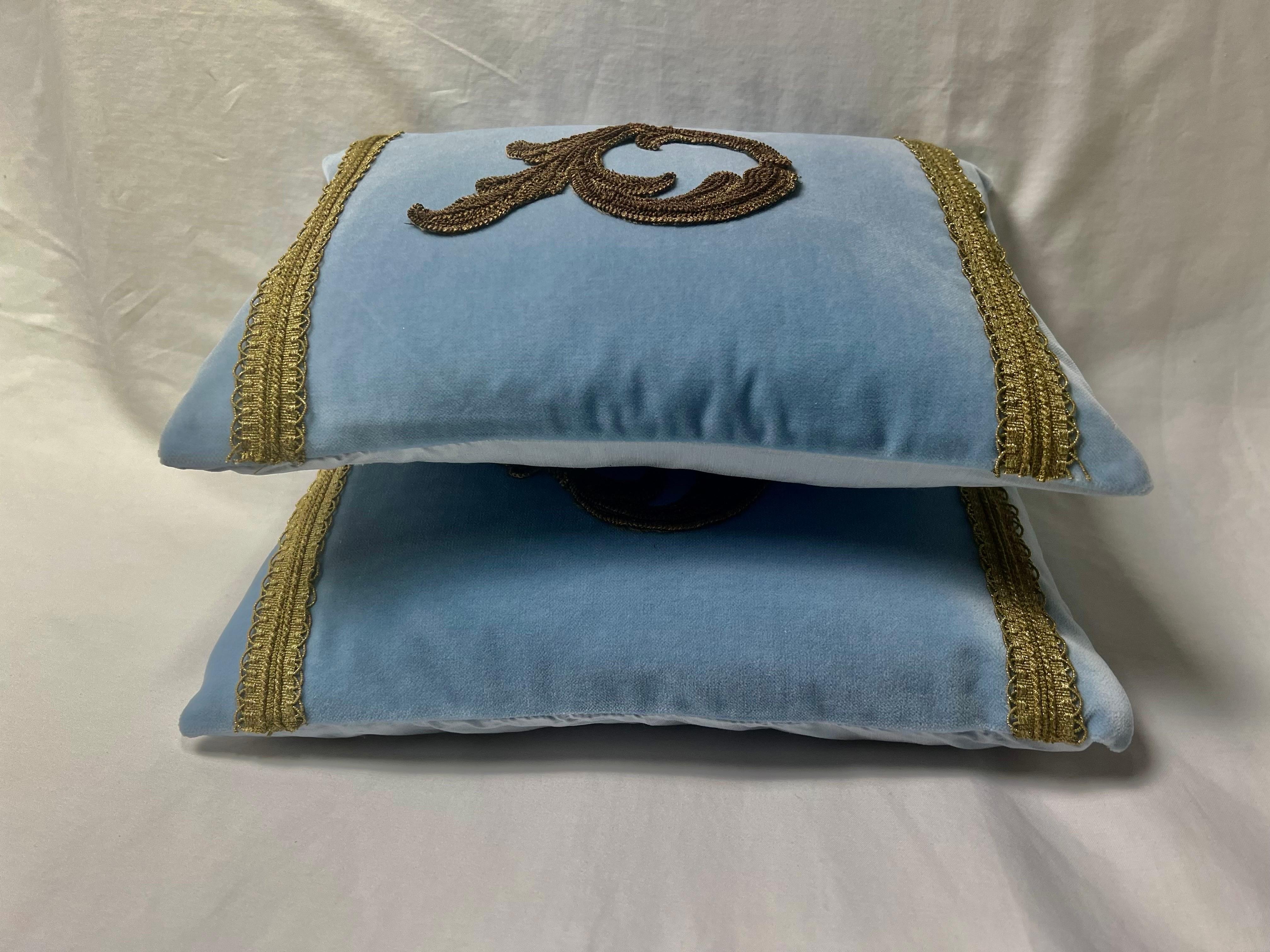 Other Pair of Custom Appliqué Blue & Gold Pillows by MLA