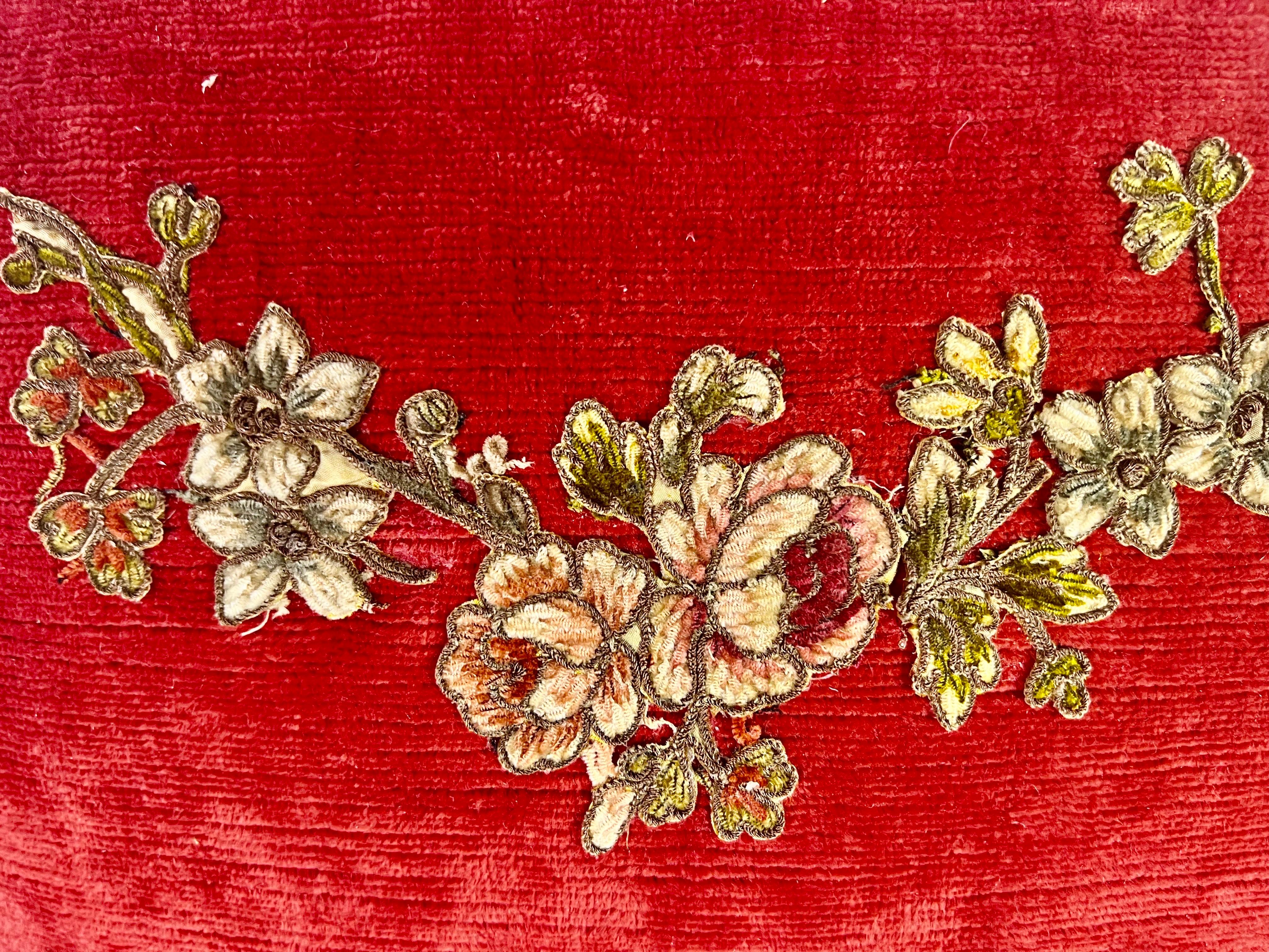 Rococo Pair of Custom Appliqué Red Velvet Pillows For Sale